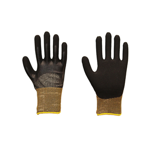 A5 cut resistant gloves with 3/4 smooth nitrile coating and sandy nitrile palm for industrial safety